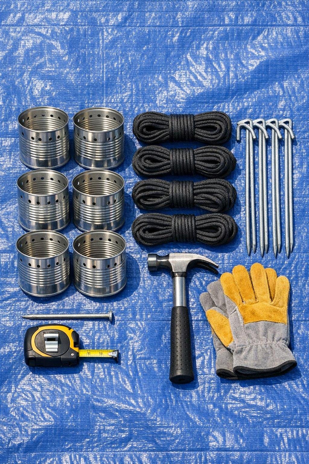 Materials for a DIY garden bed sheet anchor system