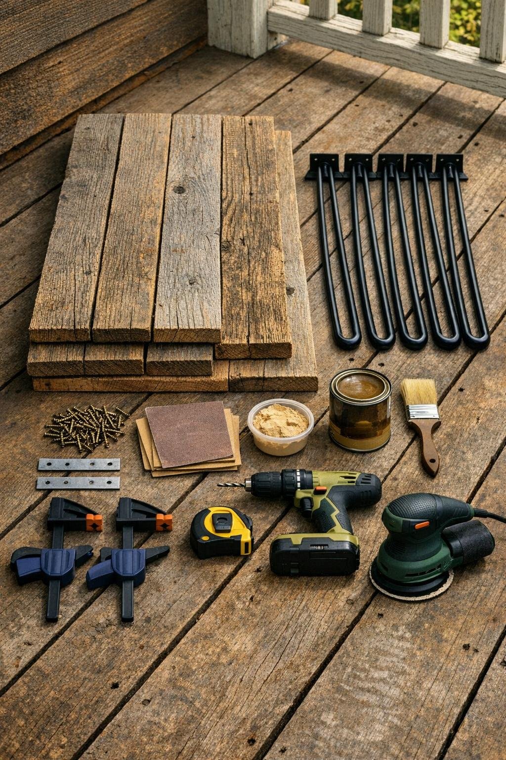 Reclaimed wood planks, black hairpin legs, screws, sandpaper, outdoor finish, and tools laid out neatly
