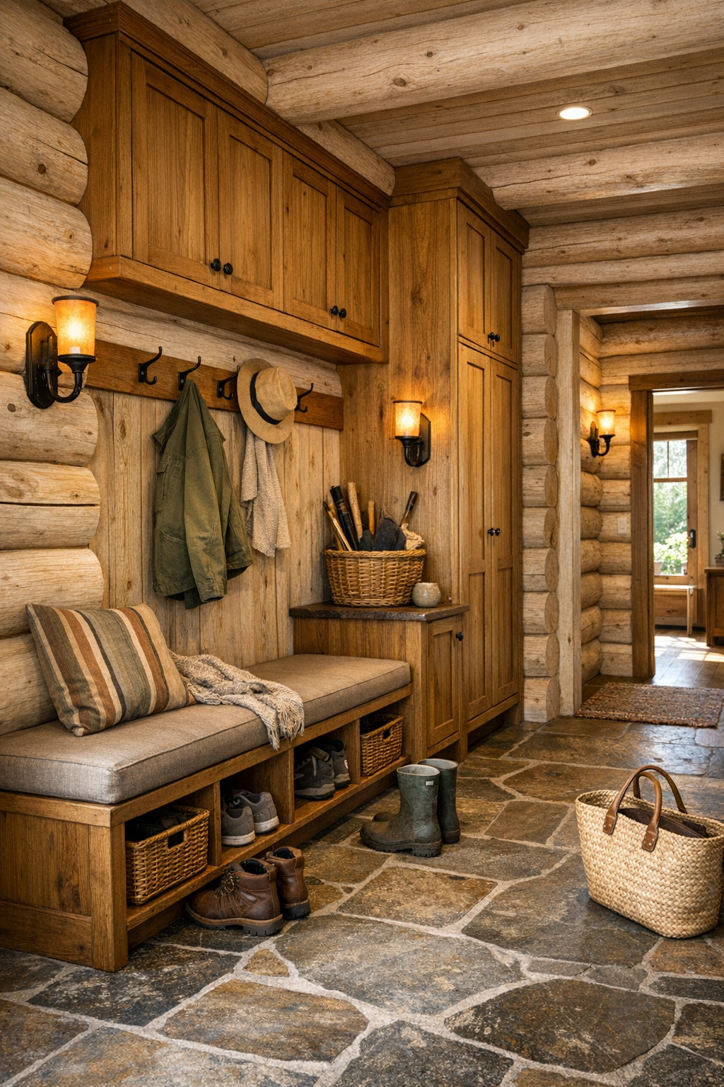 Thoughtful secondary space with mudroom storage, rustic finishes, and natural light