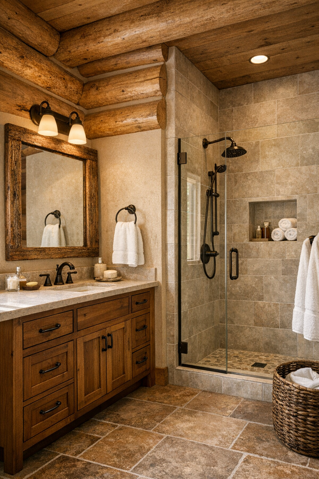 Rustic bathroom with wood vanity, light stone surfaces, and a tiled walk-in shower