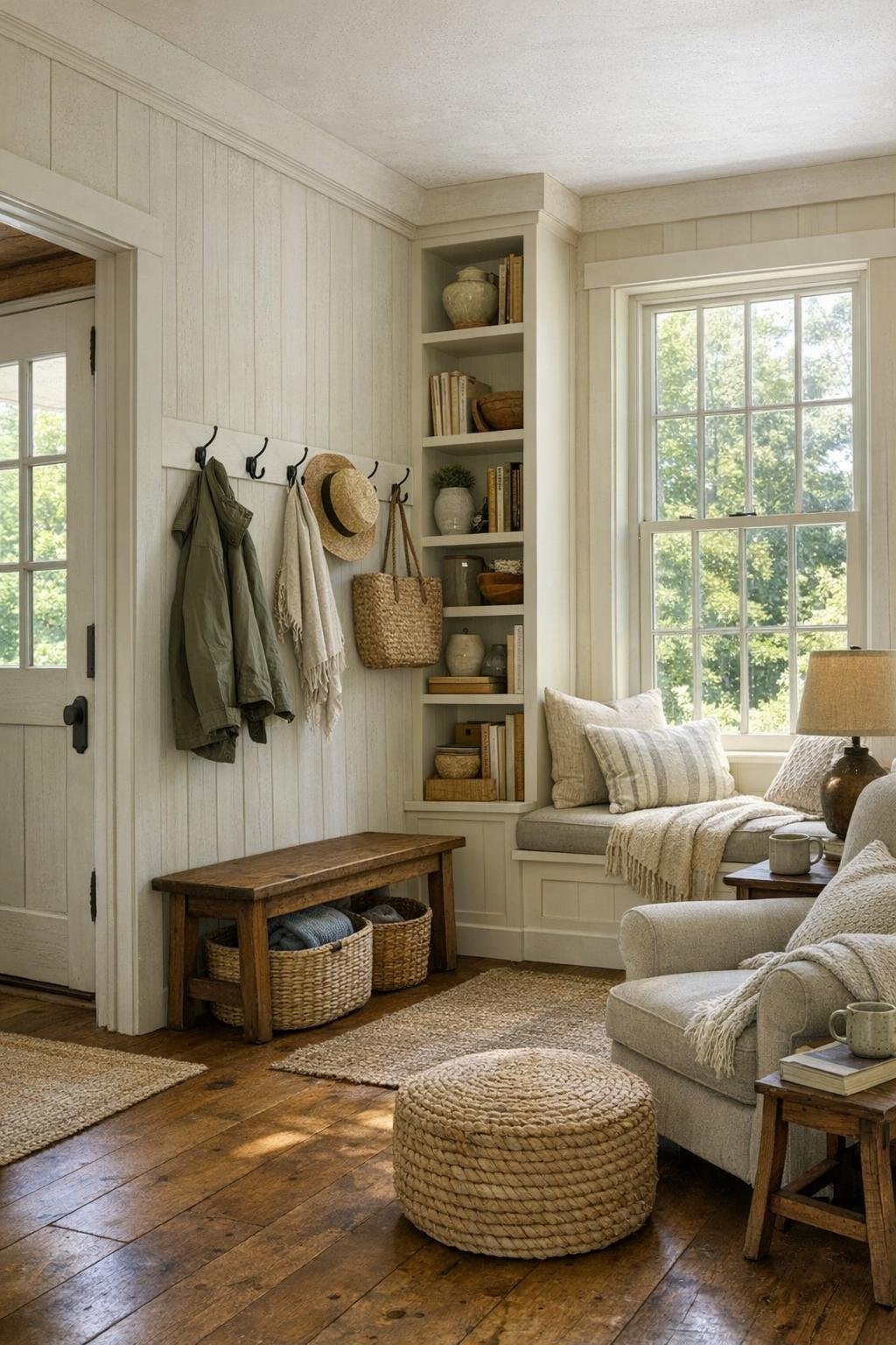 Cozy cottage entry and reading nook with built-in storage