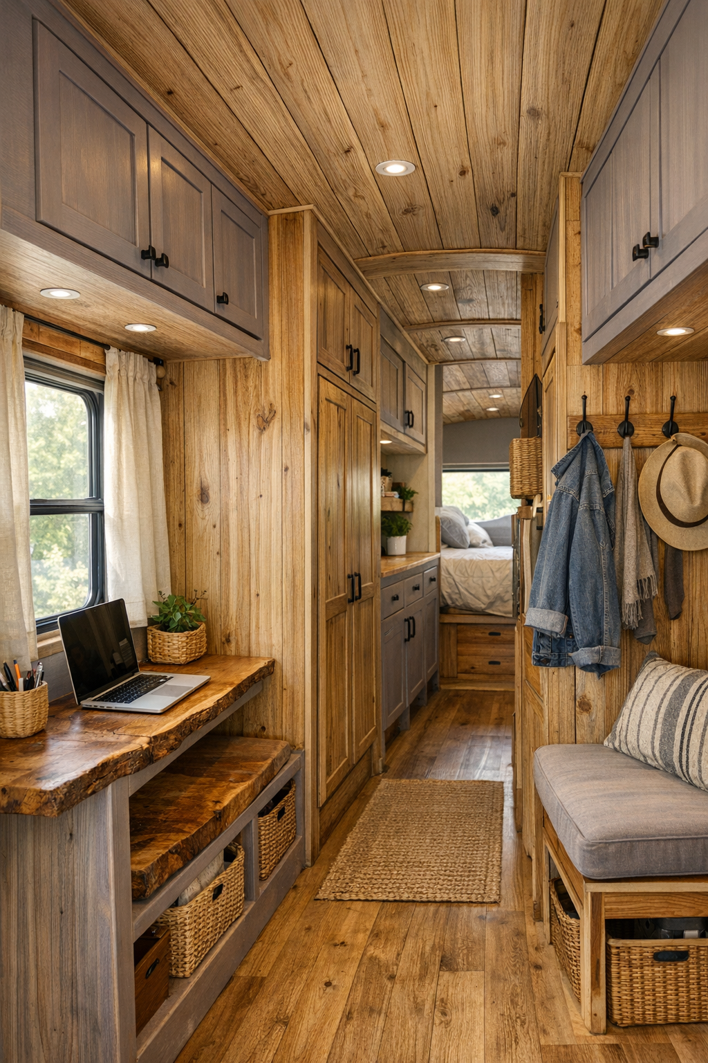Smart built-in storage and hallway details inside the converted bus