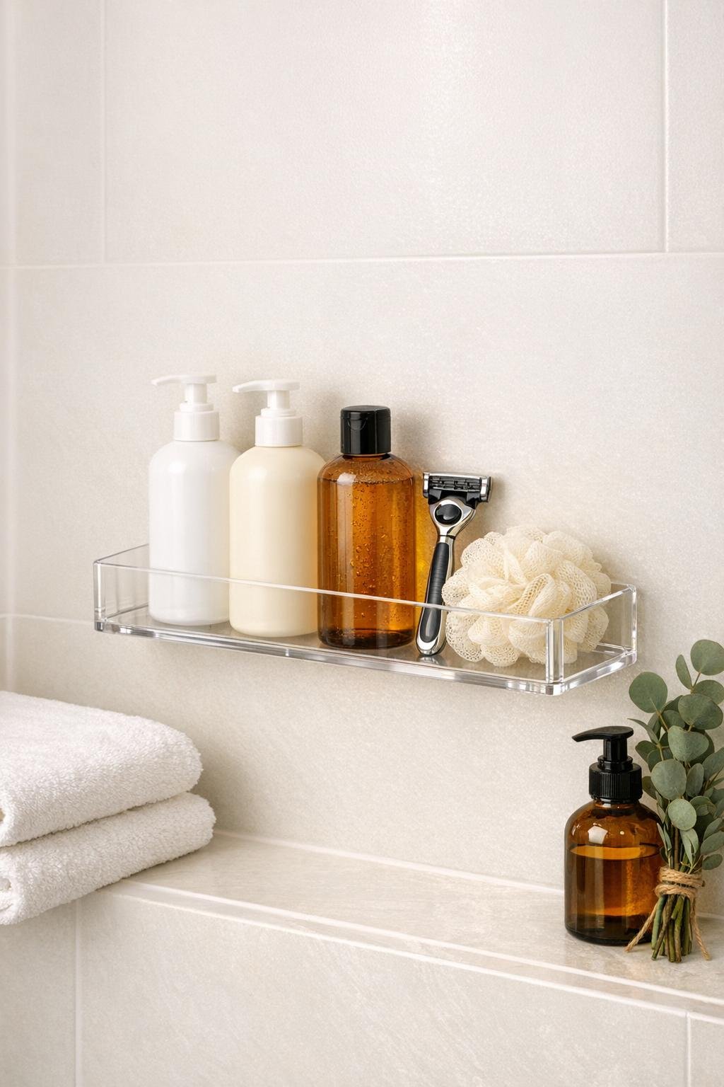 Finished clear acrylic shower toiletry shelf mounted on the wall and styled with bath products