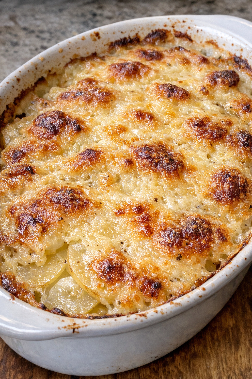 Bubbly golden potato gratin in a white oval baking dish