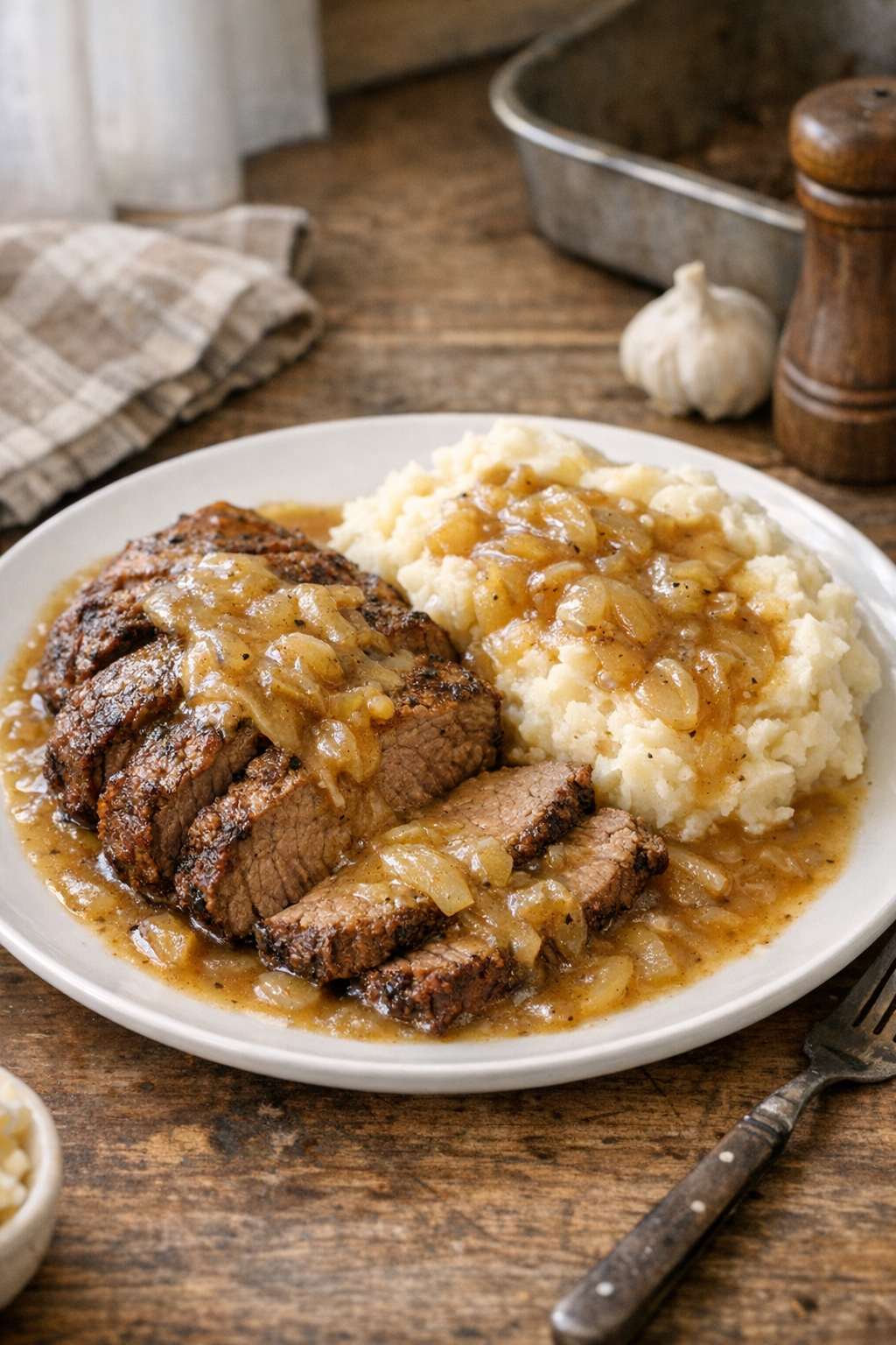 Finished Amish beef and onion gravy roast plated with mashed potatoes