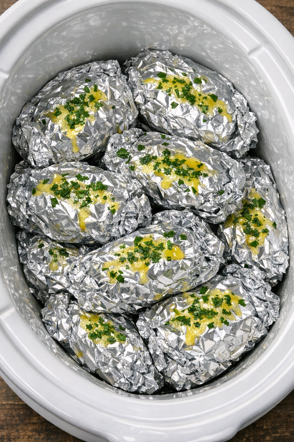 Slow cooker cheesy garlic butter pasta packets in a white slow cooker
