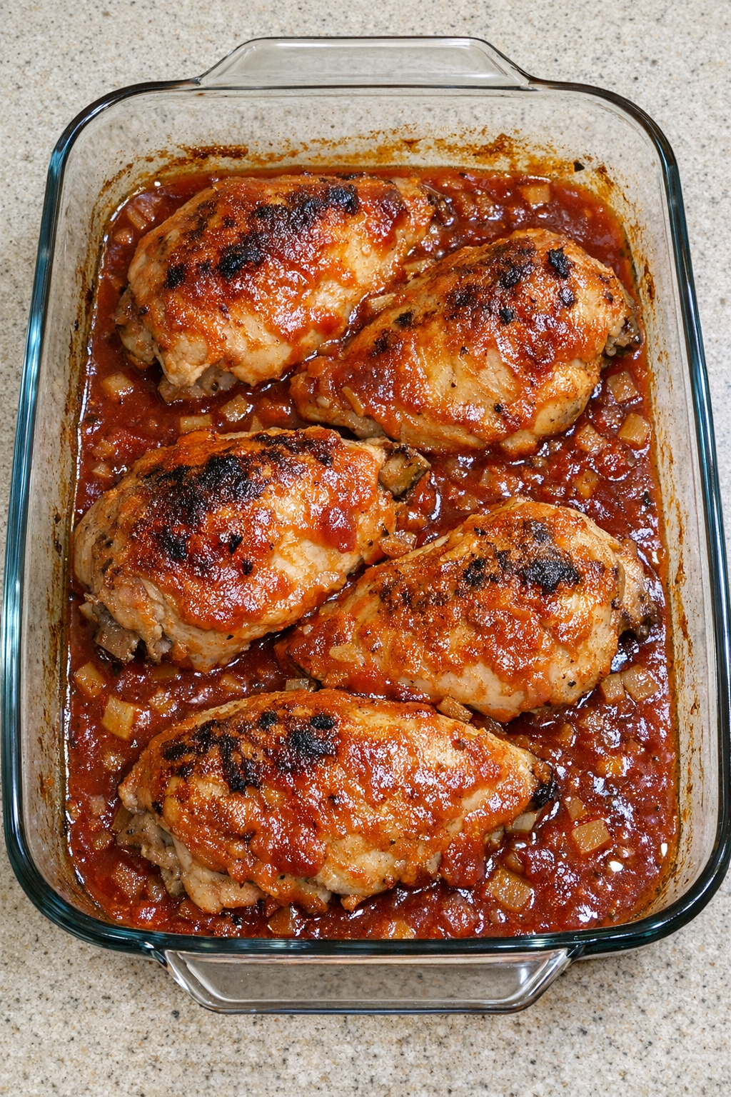 Finished baked chicken breasts in a glass casserole dish with glossy red sauce