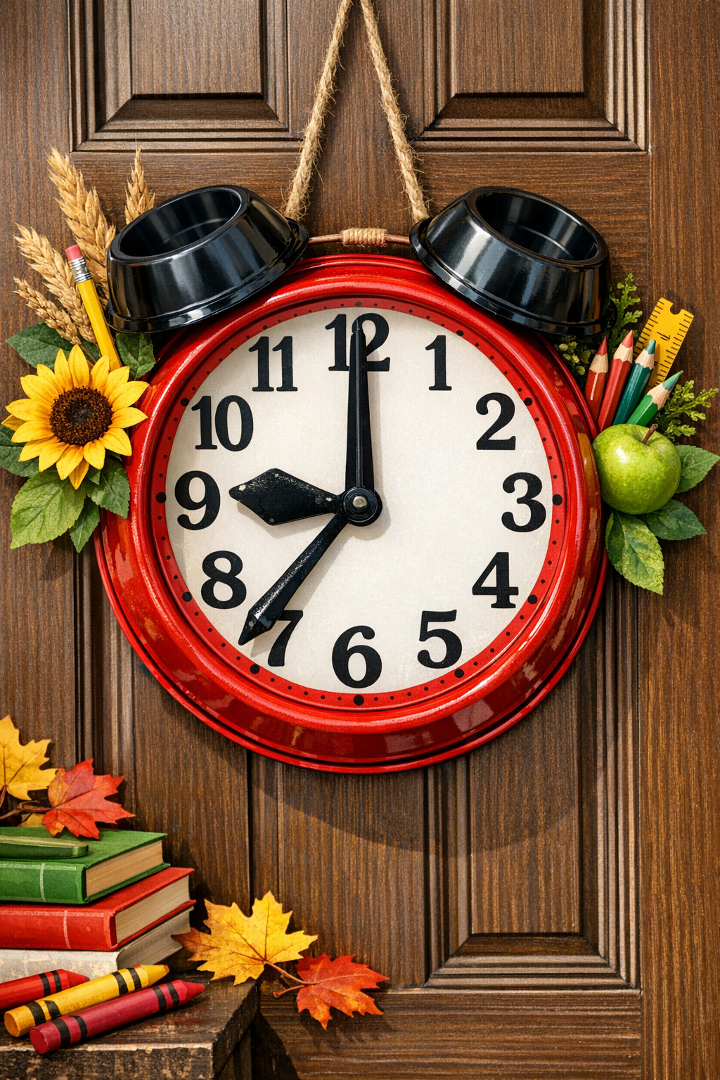 Finished giant back-to-school alarm clock front door hanger