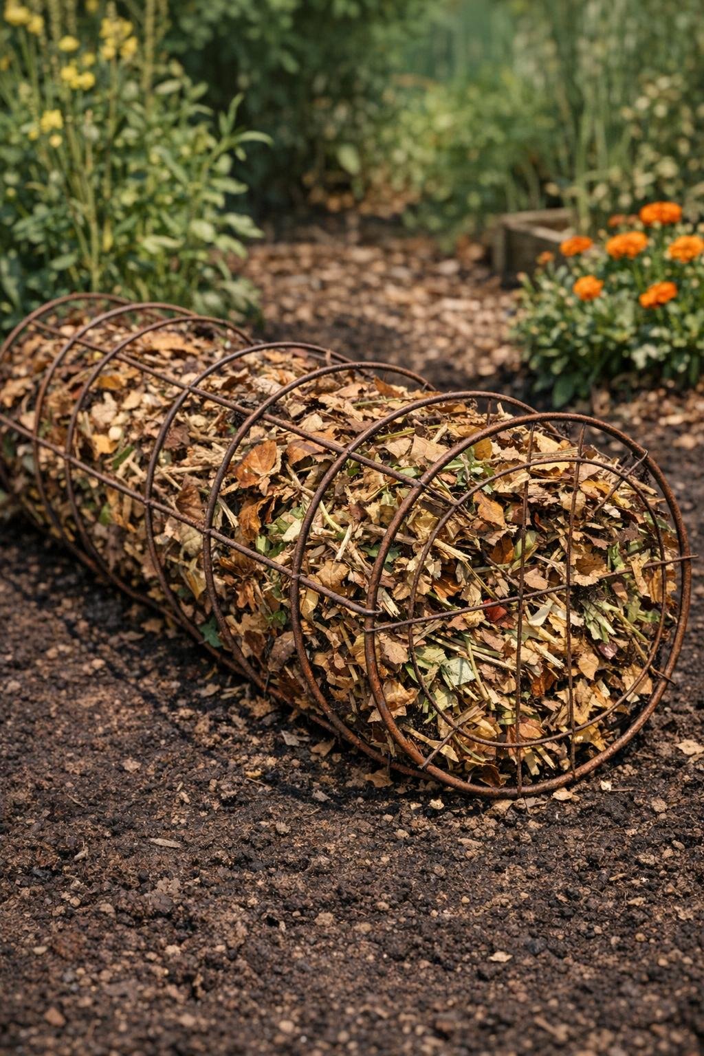 Completed mulching cage made from stacked tomato cages filled with fall garden debris