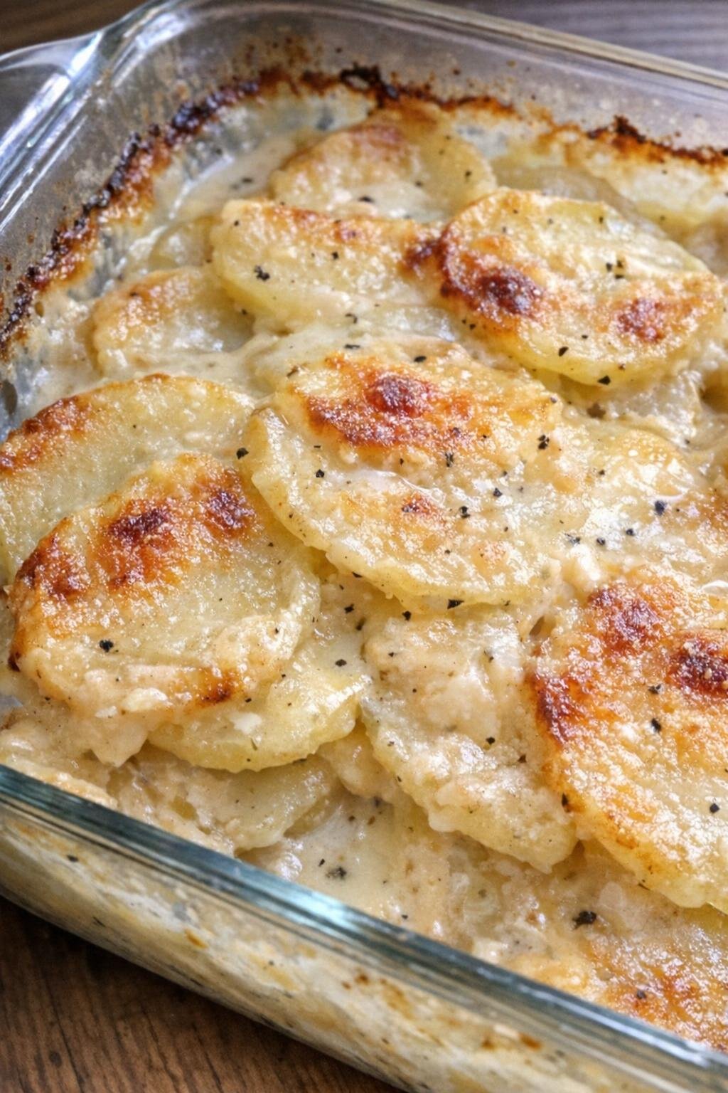 Creamy sliced potato casserole in a glass baking dish