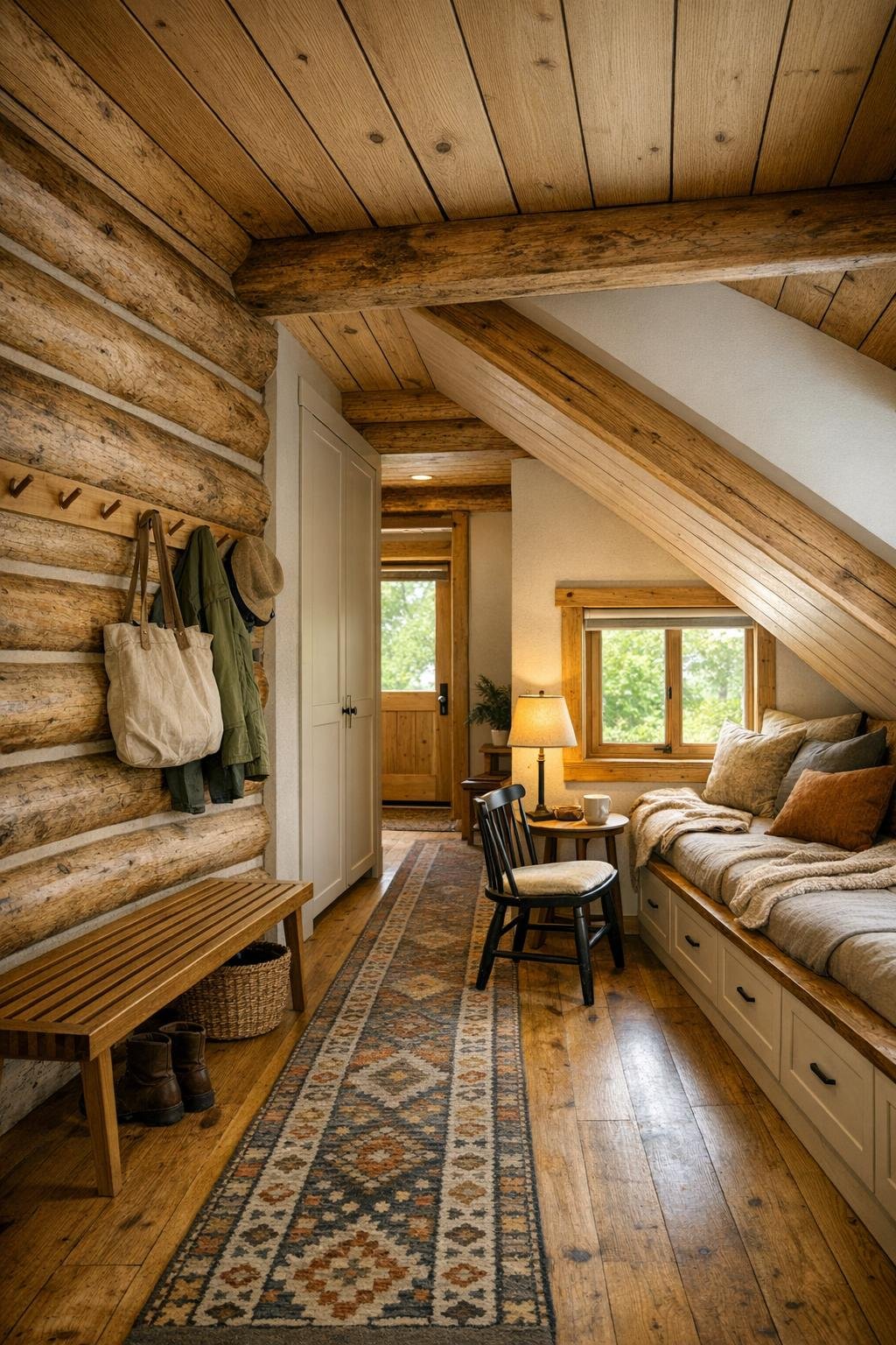 Entry and nook area with bench, pegs, runner, built-in storage, and a small reading corner