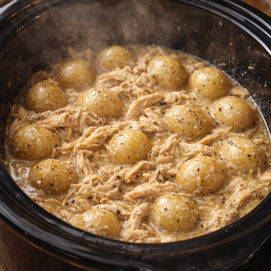 Slow cooker chicken and potatoes nearly finished cooking