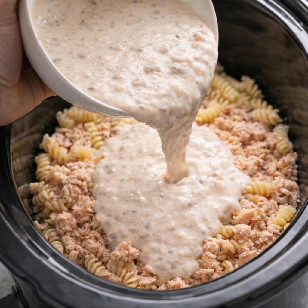 Creamy soup mixture being poured into the slow cooker