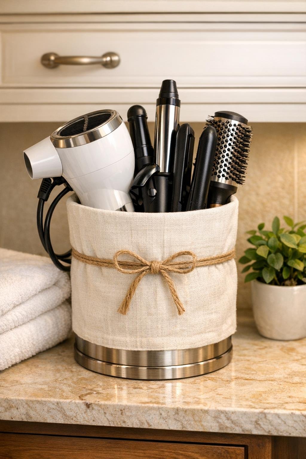 Finished linen-wrapped metal utensil crock used as a bathroom hair tool holder