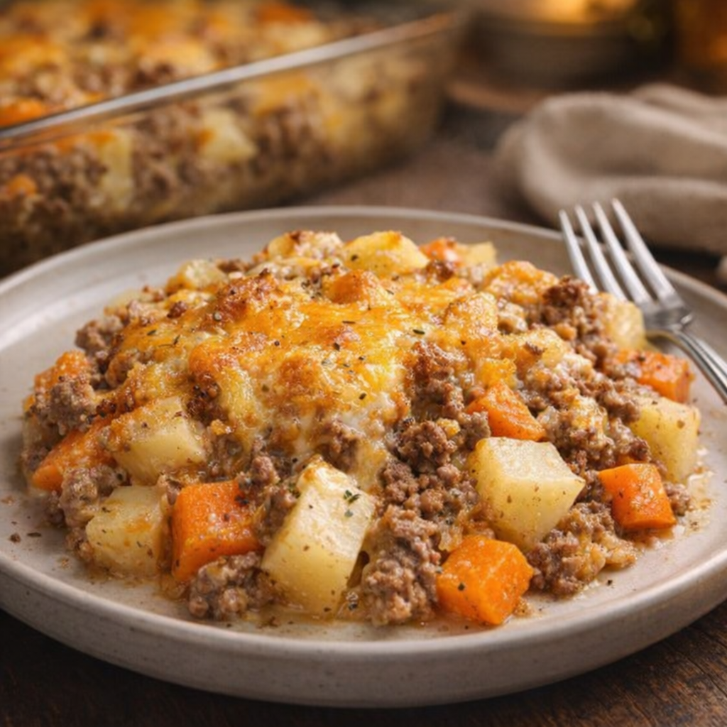 Served portion of hamburger veggie bake on a dinner plate