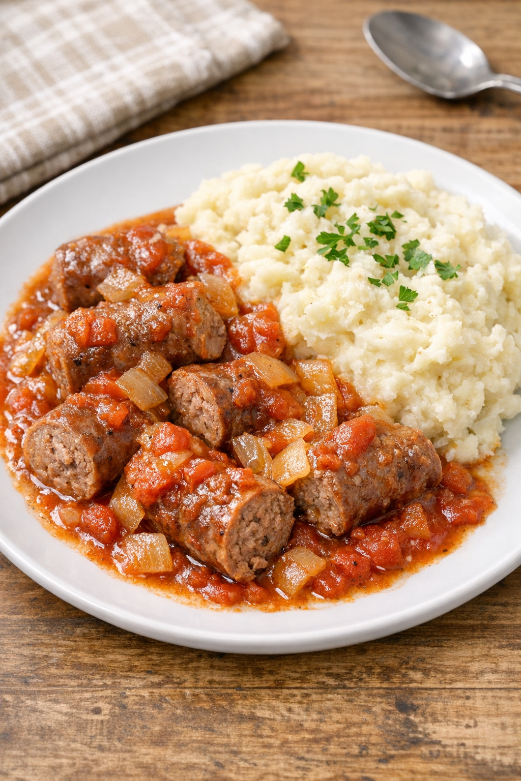 Finished plated beef sausage with tomato onion sauce