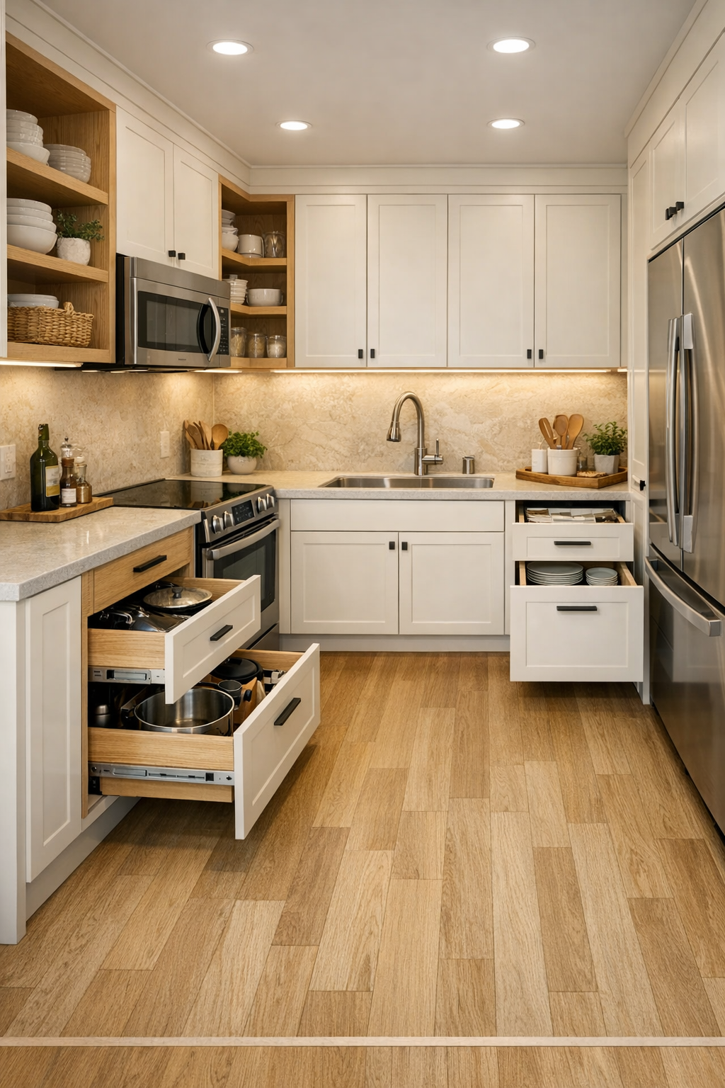 Accessible tiny home kitchen with creamy cabinets, pale oak details, and stone-look counters