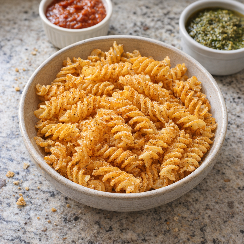 Bowl of crispy oven pasta chips on a kitchen counter