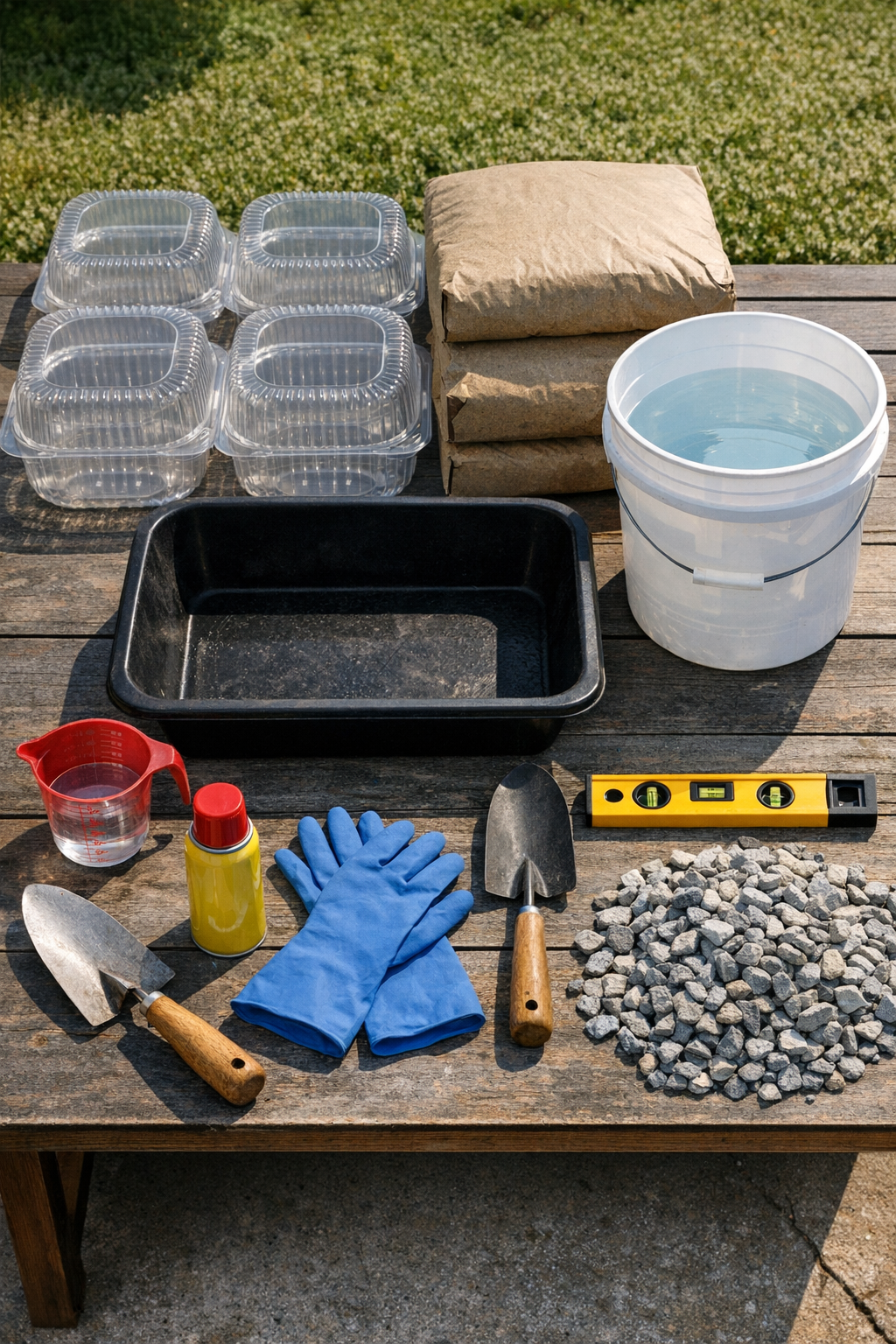 Materials for making domed cement patio edging laid out on a work surface
