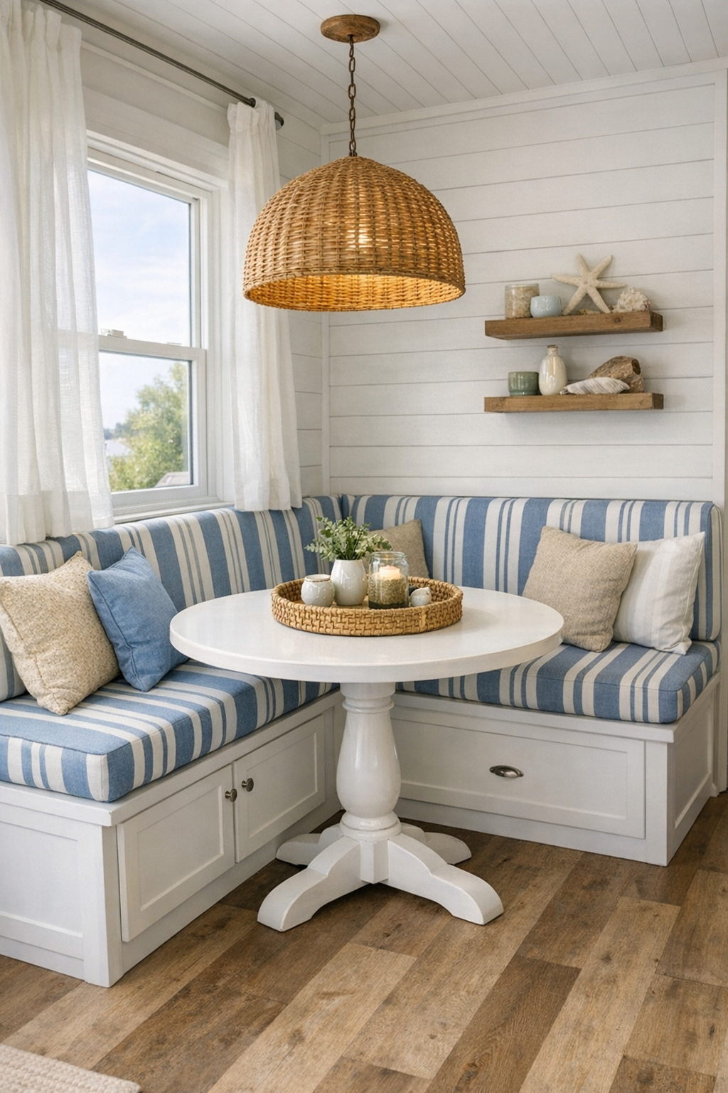 Coastal dining nook with a built-in banquette, pedestal table, and woven pendant light