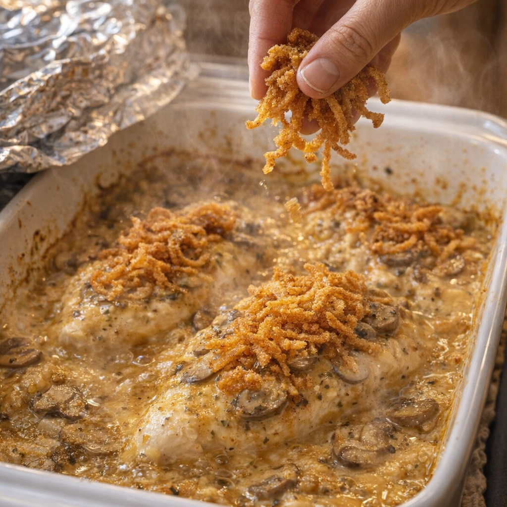 Crispy fried onions being added to the bubbling casserole