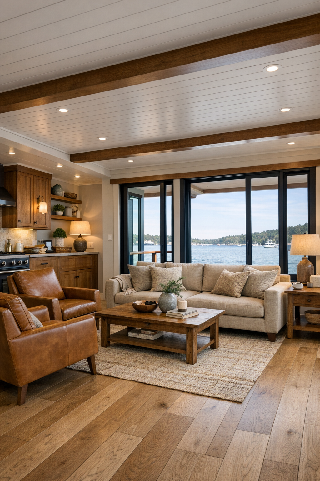 Craftsman-style living room with wide oak floors, oatmeal seating, and large marina-facing windows