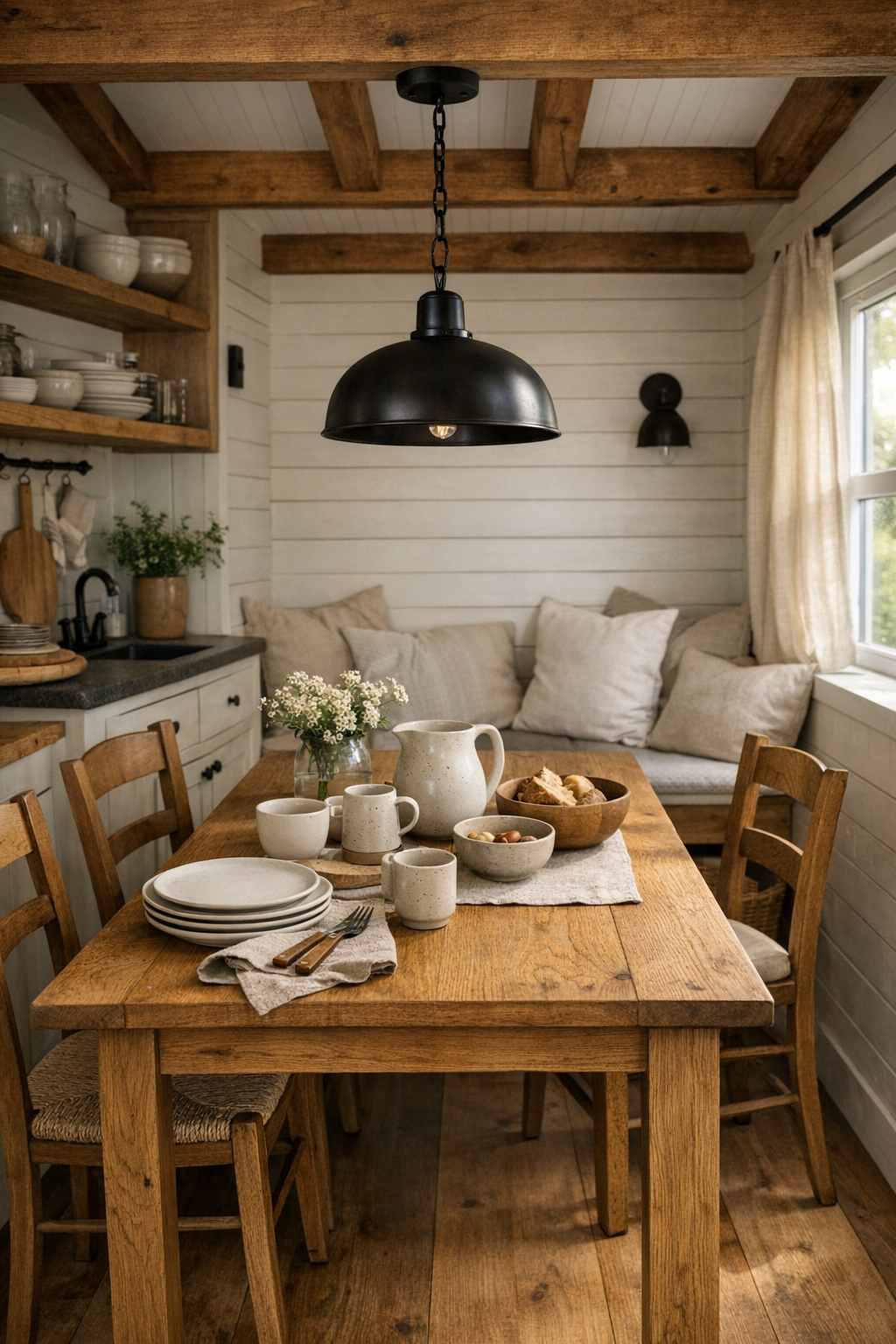 Small barn-style dining area with oak table and simple pendant light