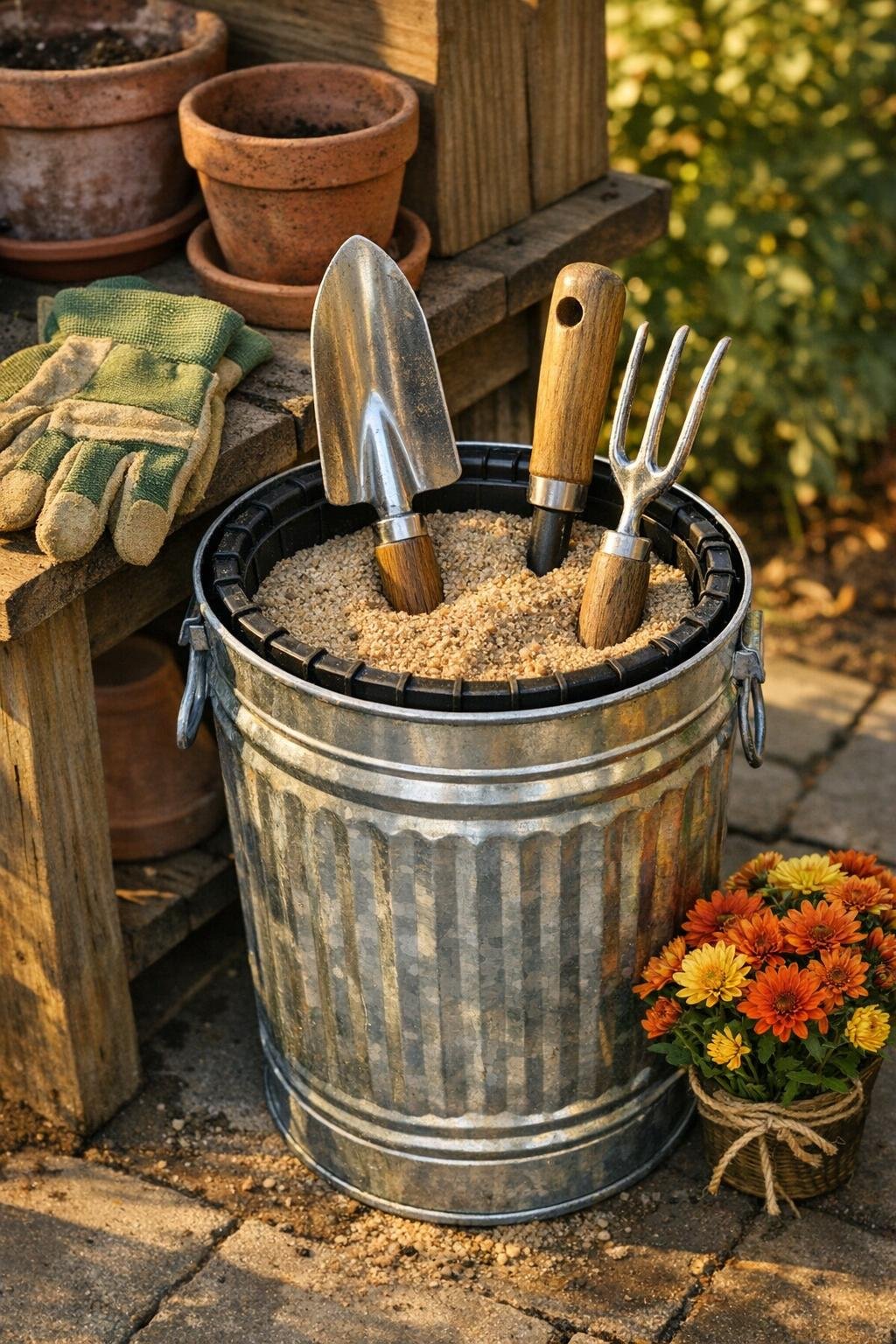 Finished garden tool cleaning station made from a galvanized trash can with nursery pot rings and sand, styled beside a potting bench
