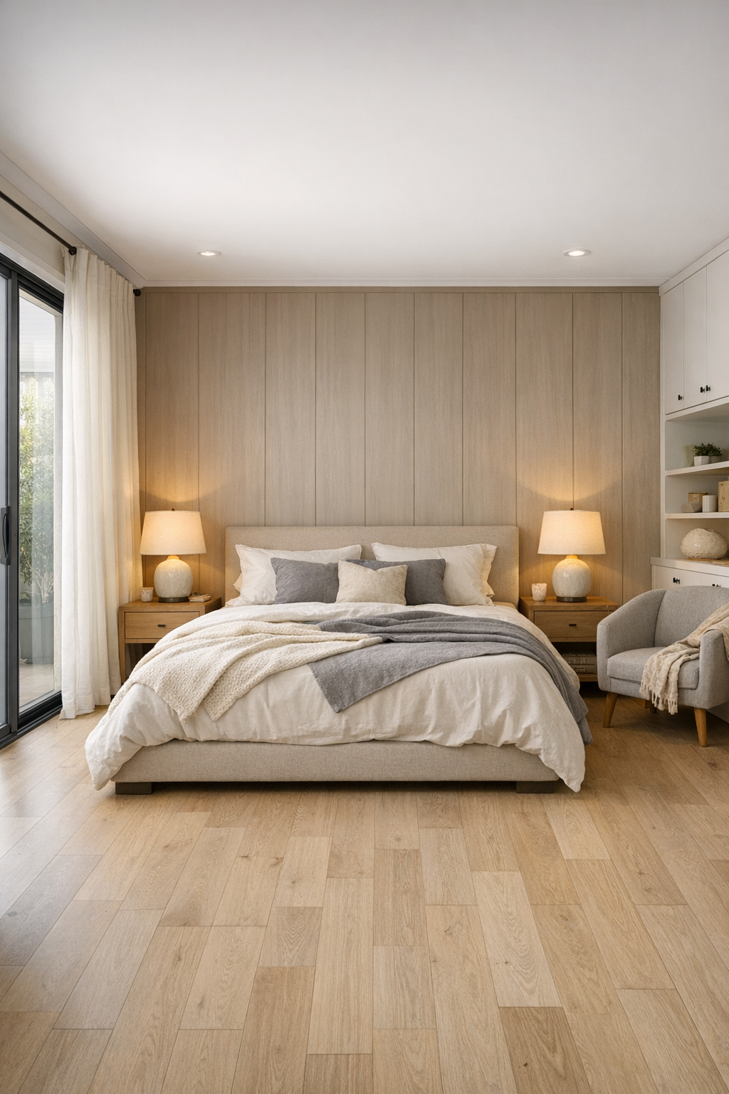 Calm bedroom with upholstered bed, layered neutral bedding, and warm taupe wall panels