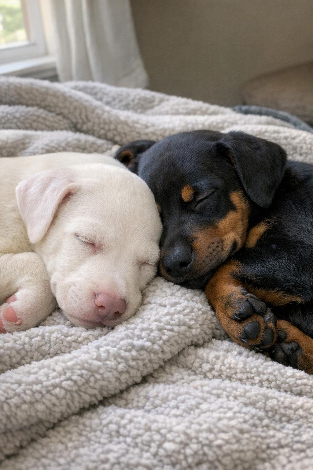 White Doberman puppy sleeping beside a black and rust littermate