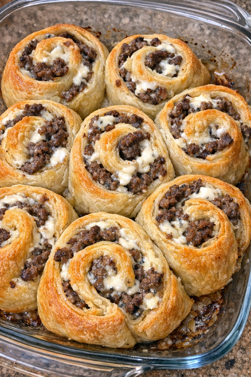 Close-up of baked beef cheese pinwheels