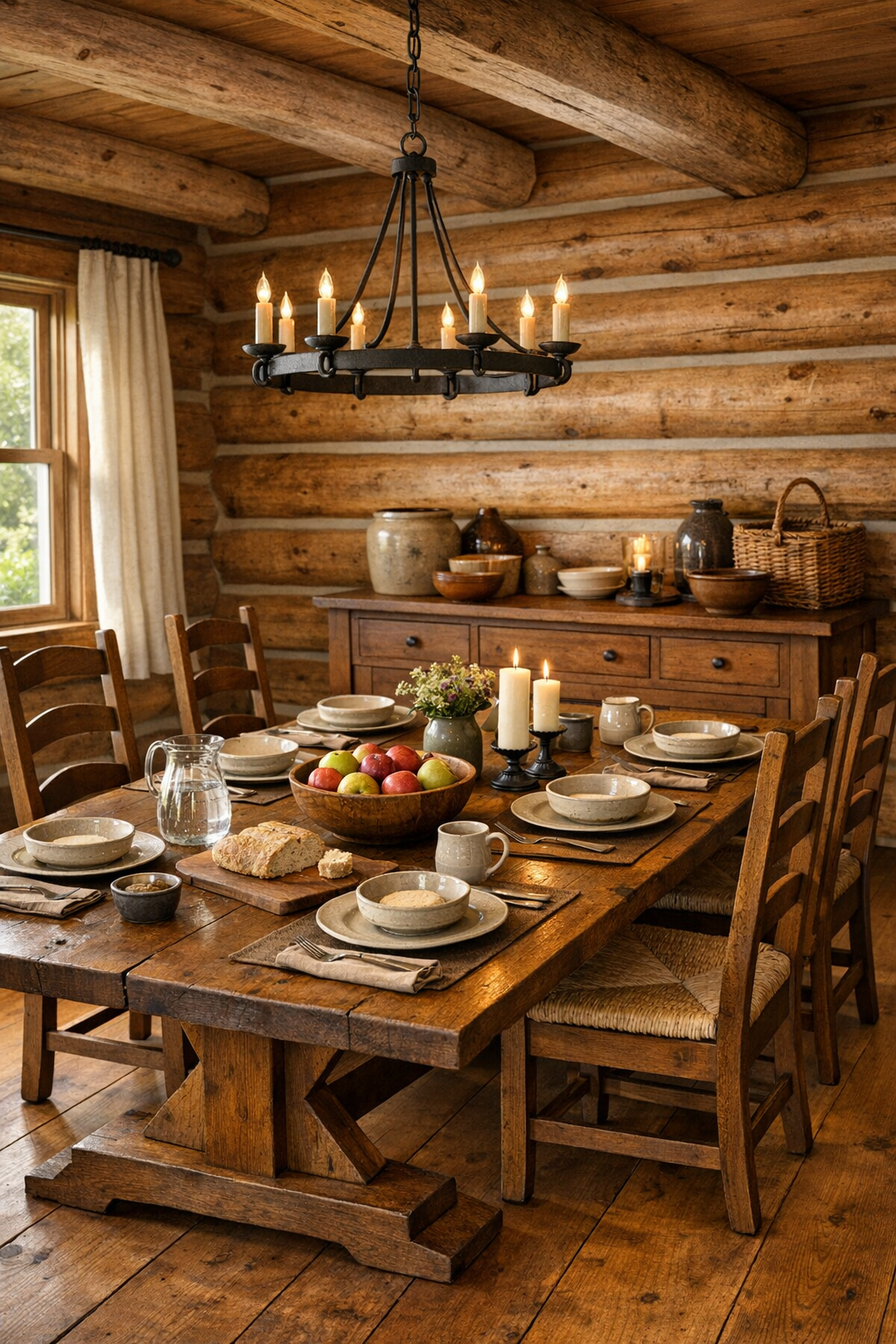 Craftsman dining room with trestle table, ladder-back chairs, and warm wood finishes