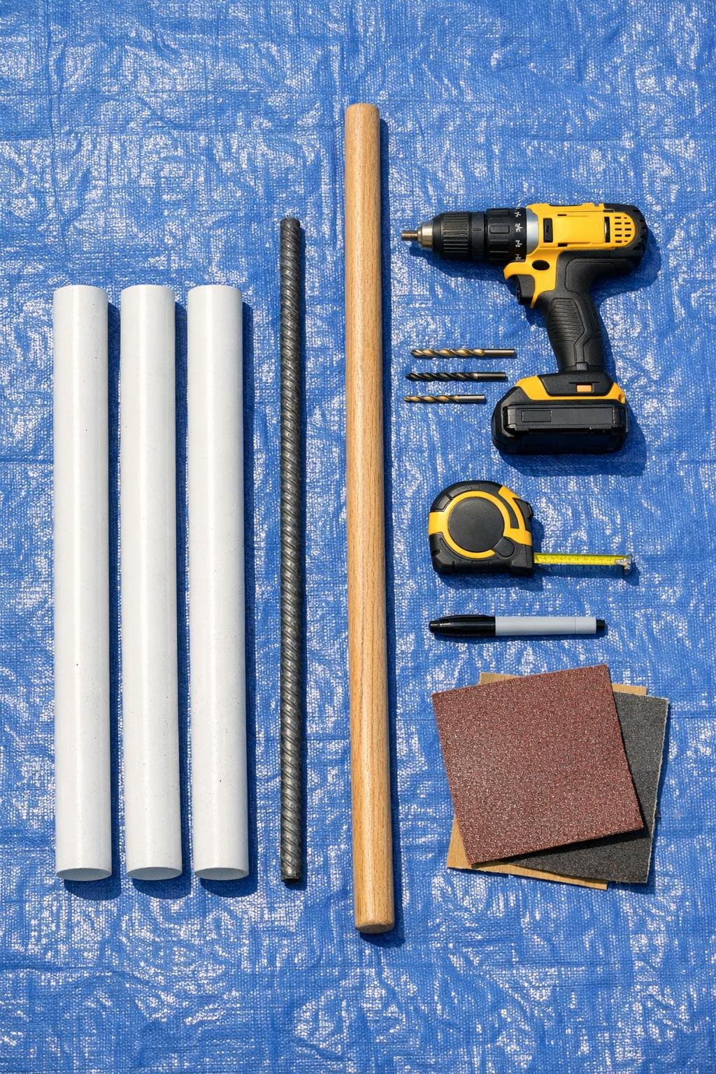 Materials for a PVC compost bin aerator laid out on a tarp