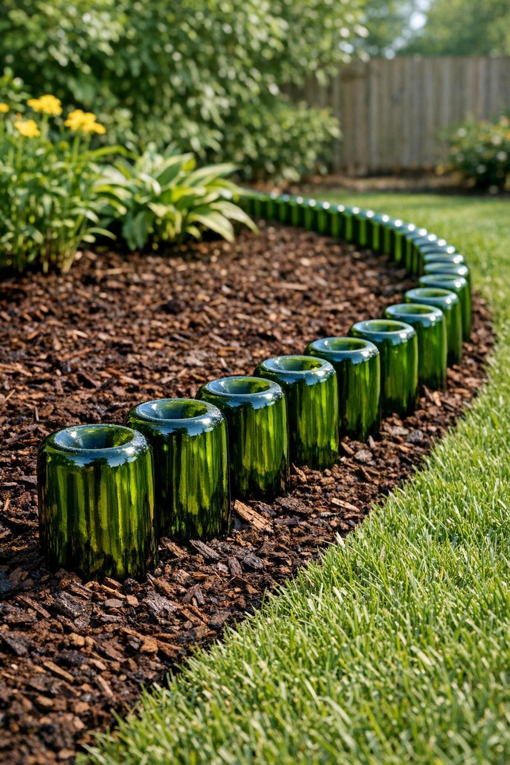 Finished green wine bottle garden border in dark brown mulch
