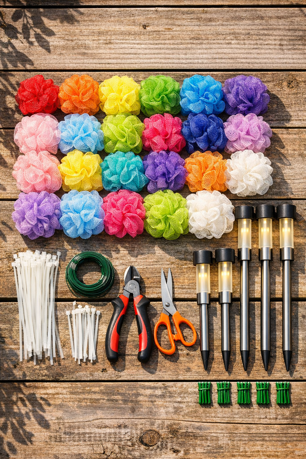 Materials for making giant glowing porch flowers laid out on a table