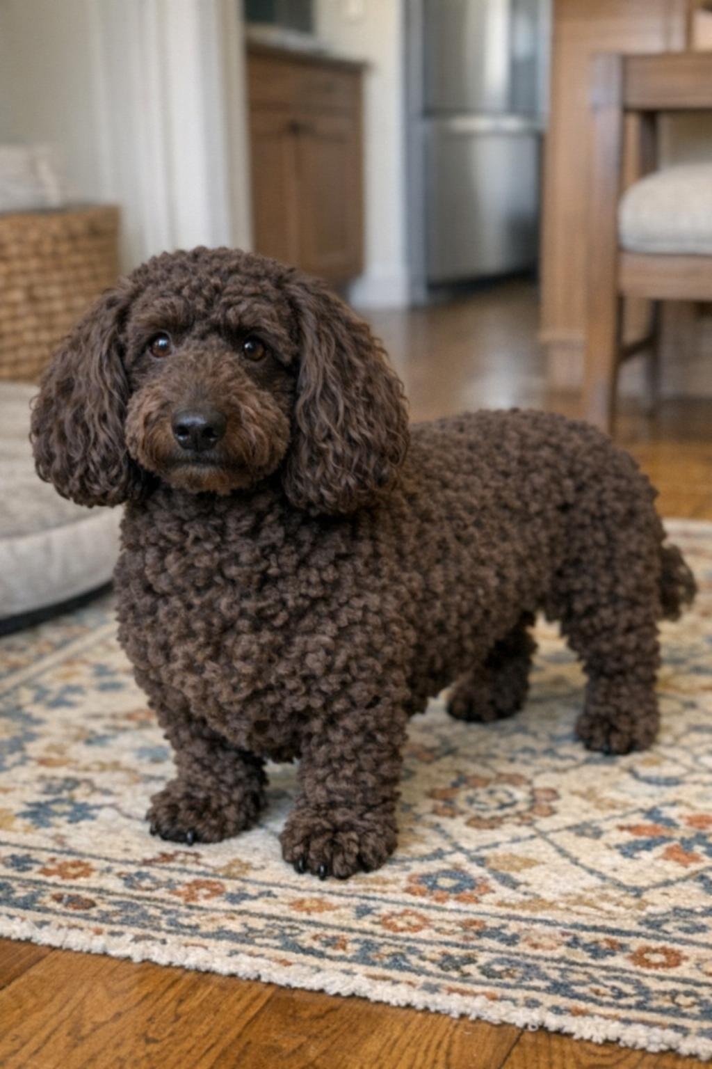 A curly-coated dog with long floppy ears and short legs standing on a rug