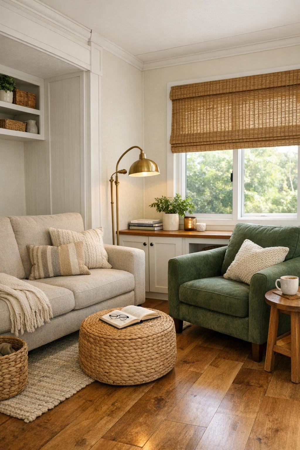 Cozy park model RV living room with a reading chair by the window