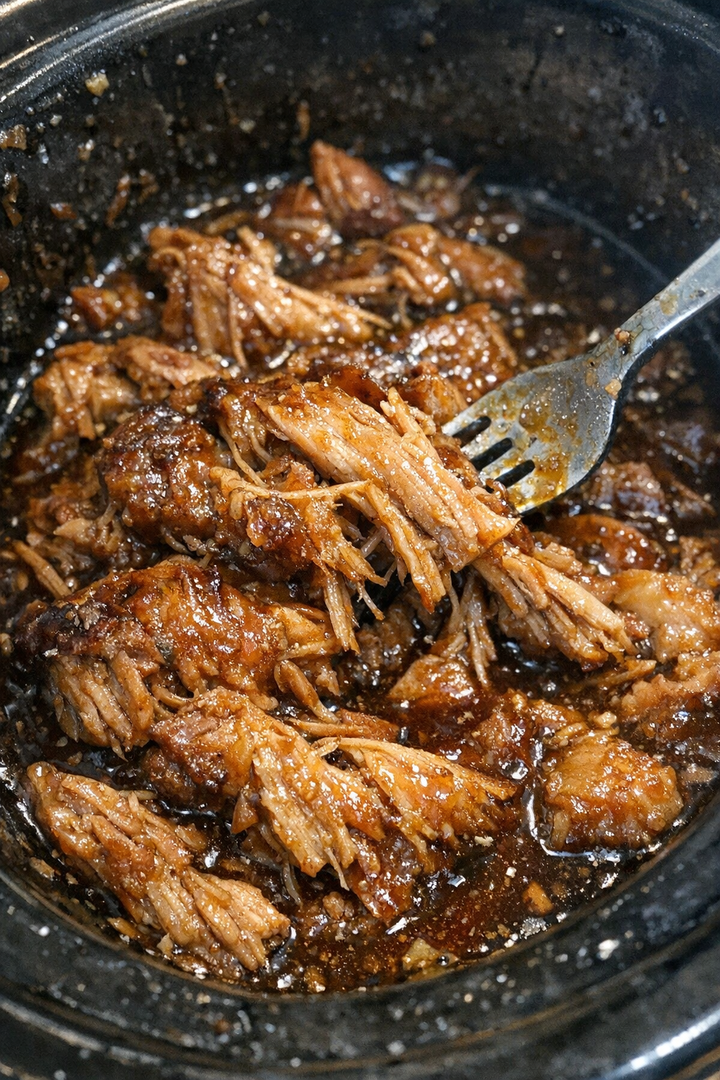 Pulled pork in slow cooker with dark amber glaze