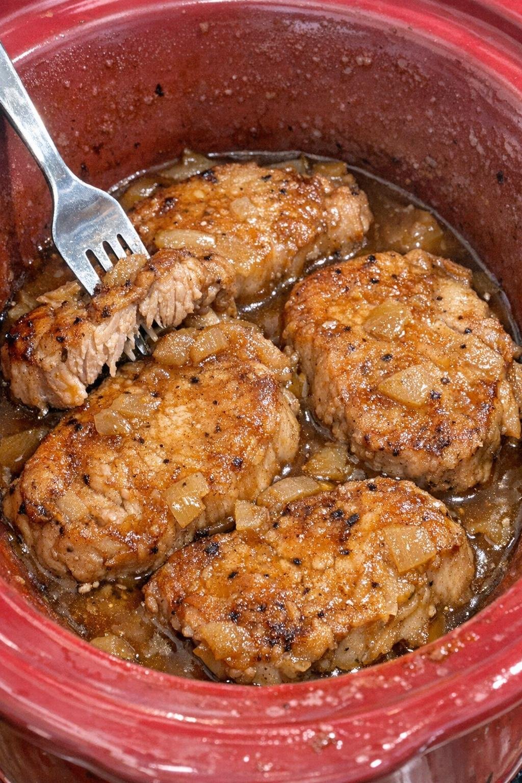 Finished apple cider pork chops in the slow cooker
