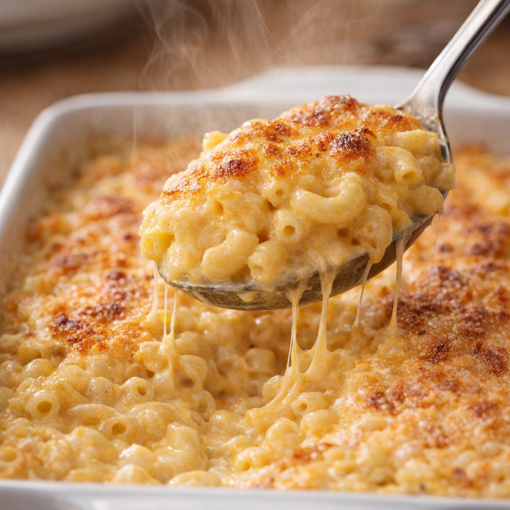 Spoonful of creamy baked macaroni being served