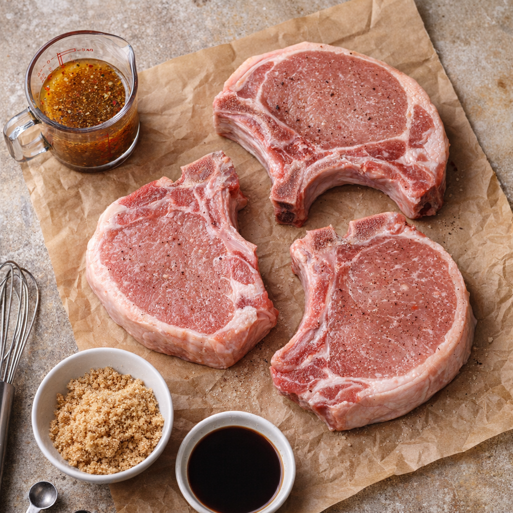 Pork chops and pantry ingredients arranged for cooking