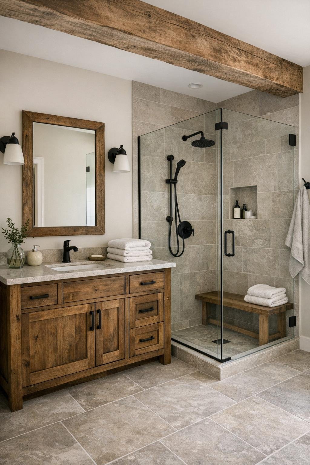 Calm rustic bathroom with a wood vanity, stone tile, and glass shower