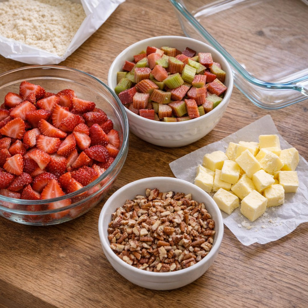 Strawberry and rhubarb dump cake ingredients with chopped nuts ready for variation
