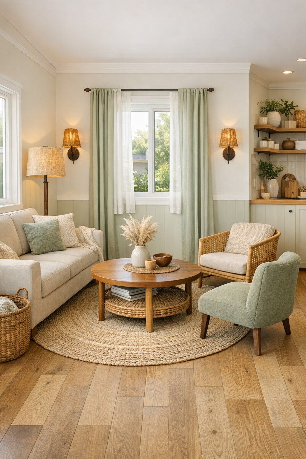 Bright accessible tiny home living room with soft willow accents, oak floors, and cozy modern seating