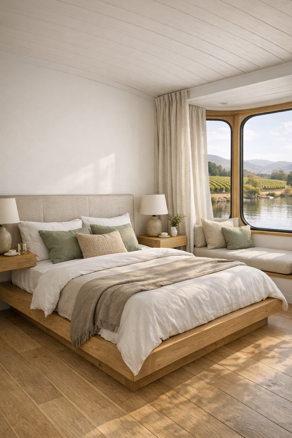 Serene bedroom with light wood bed, linen drapery, and soft sage accents in a houseboat
