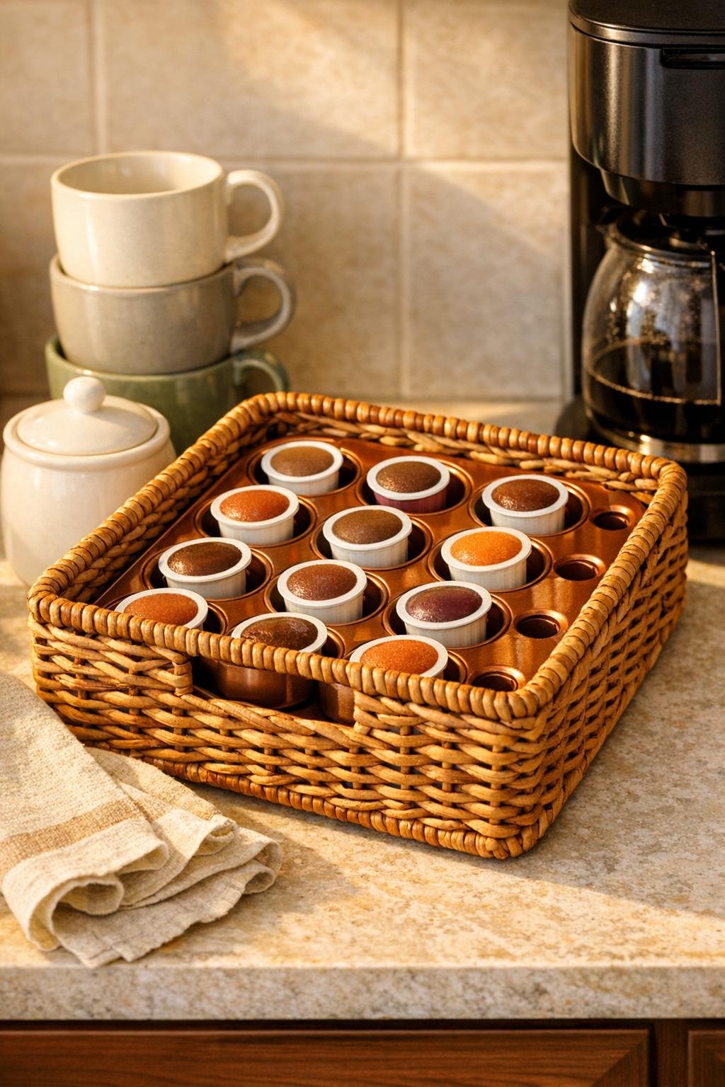 Finished coffee pod drawer in a wicker basket beside a coffee maker