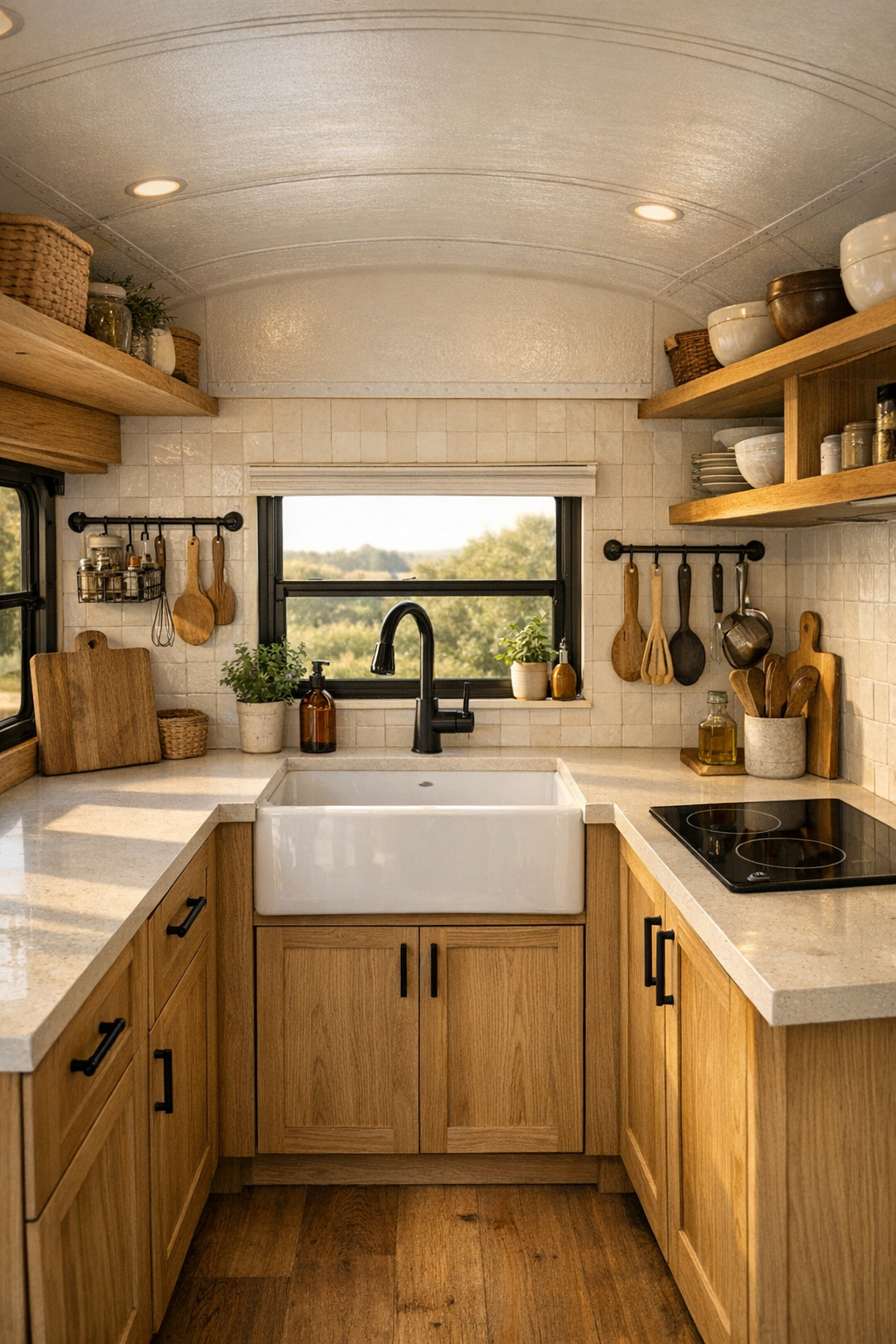 Galley kitchen in the converted bus with oak cabinetry and creamy counters