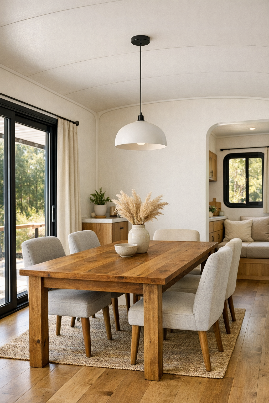 Bright dining room with a wood table, upholstered chairs, and soft modern lighting