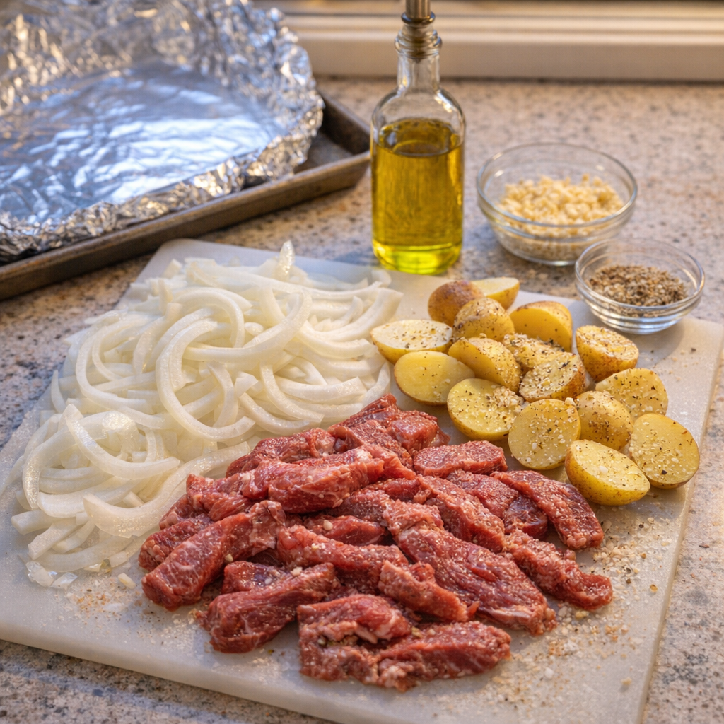 Foil packet dinner ingredients on a kitchen counter