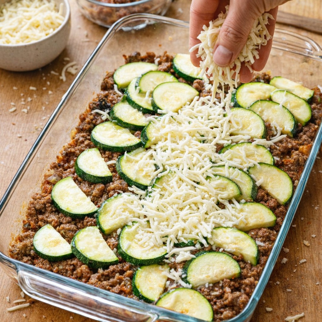 Layering zucchini, beef, and cheese in a glass baking dish